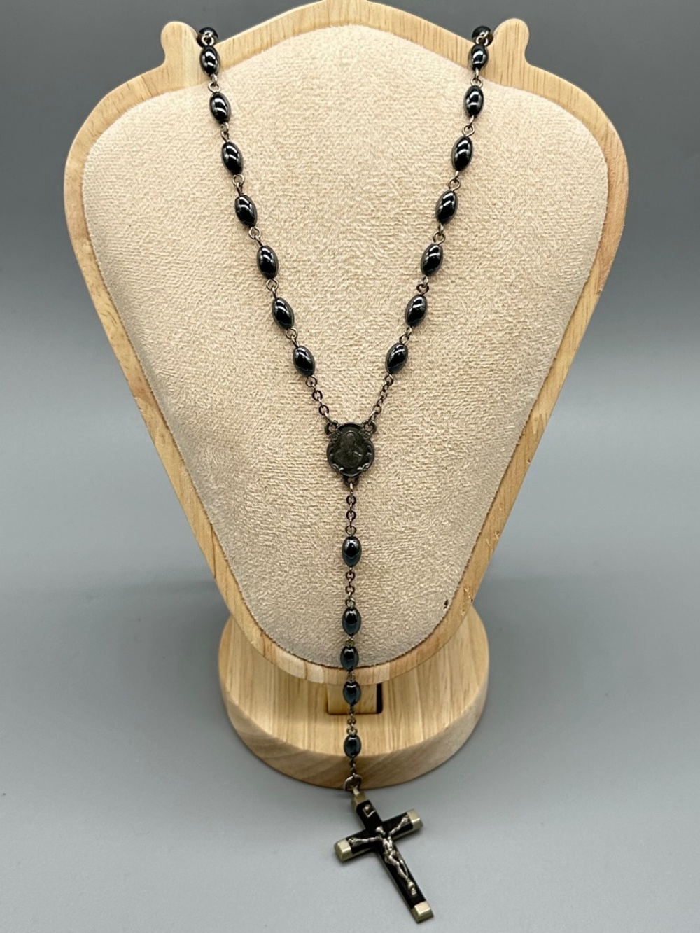Vintage France Hematite Rosary Prayer Beads Catholic Religious 22.5"